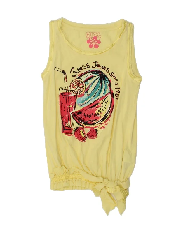 GUESS Girls Front Tie Graphic Vest Top 11-12 Years Yellow Cotton