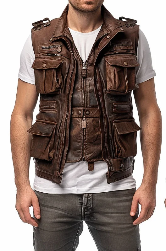 Men Rub off Military Leather Vest