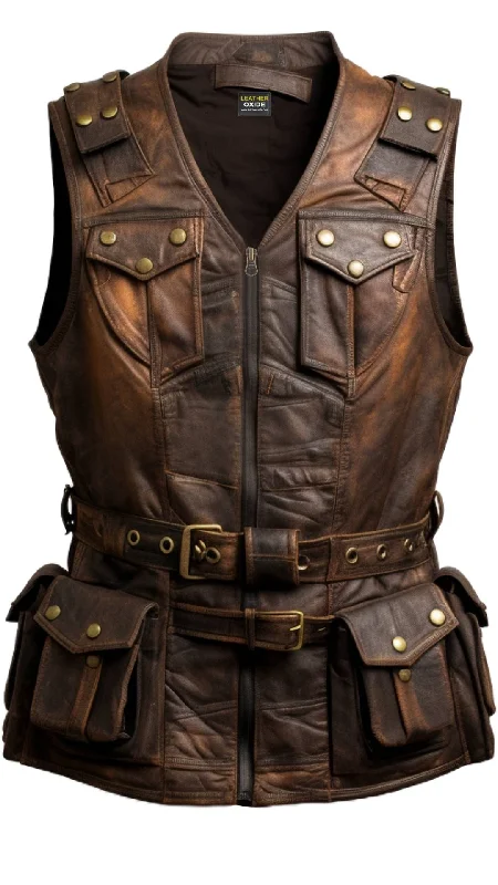 Men Vintage Brown Military Vest - Men Leather Vest