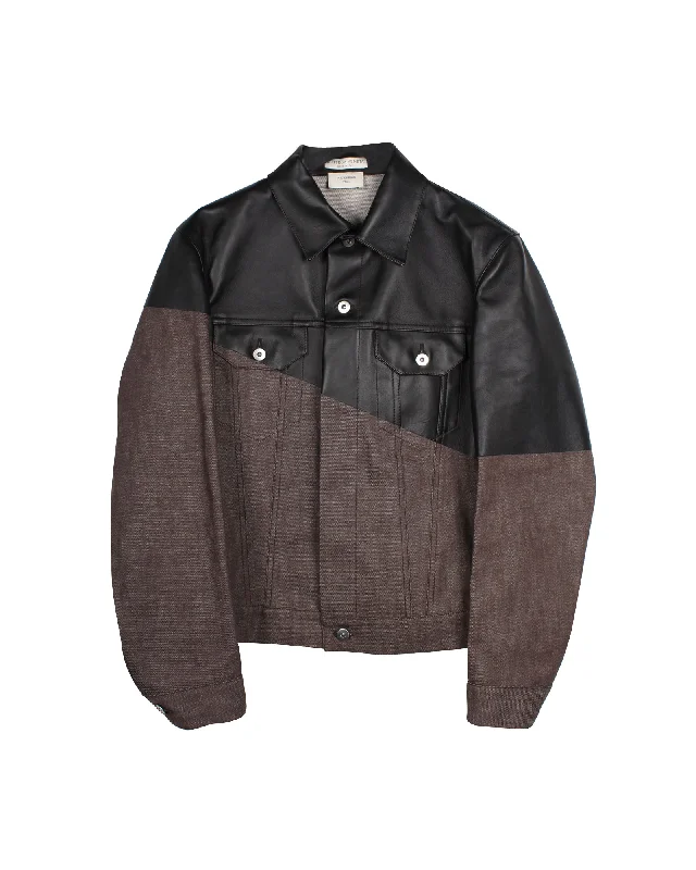 Bottega Veneta Blouson Two-Tone Jacket in Black Leather and Brown Cotton