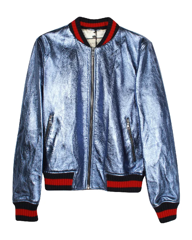 Gucci Crackle Bomber Jacket in Blue Leather