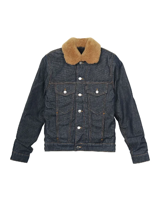 Sandro Paris Shearling Trucker Jacket in Blue Cotton Denim