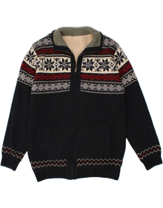 VINTAGE Mens Sherpa Knit Bomber Jacket UK 38 Medium Black Fair Isle