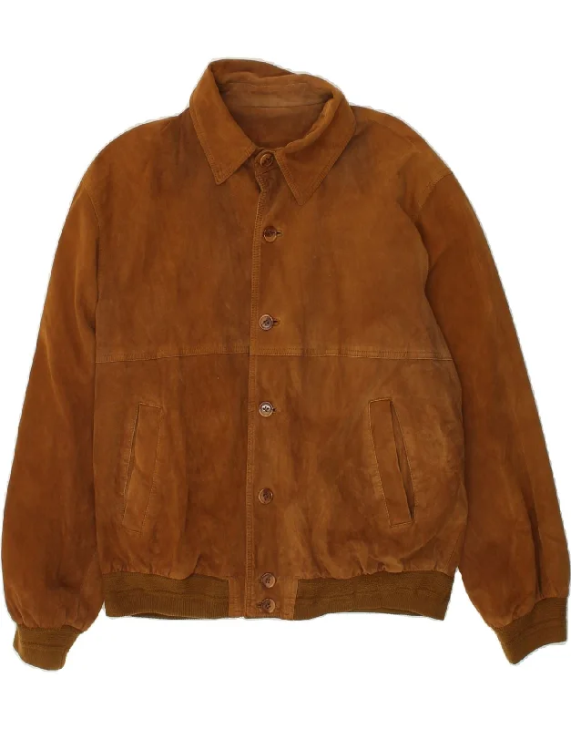 VINTAGE Mens Suede Bomber Jacket IT 48 Medium Brown Leather