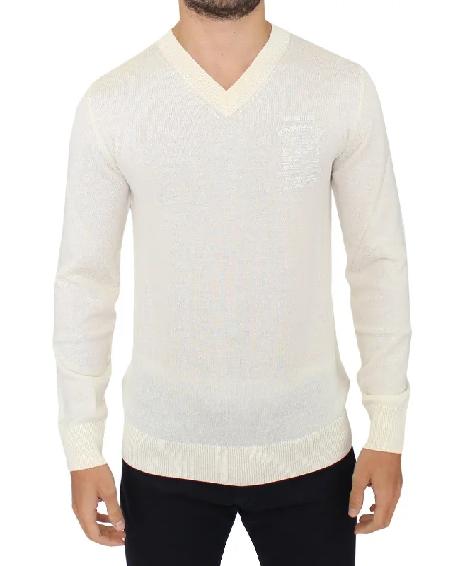 Ermanno Scervino ivory Wool Blend V-neck Pullover Men's Sweater