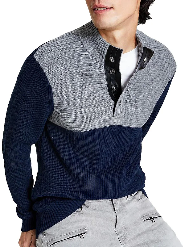 Mens Mock Neck Colorblock Pullover Sweater